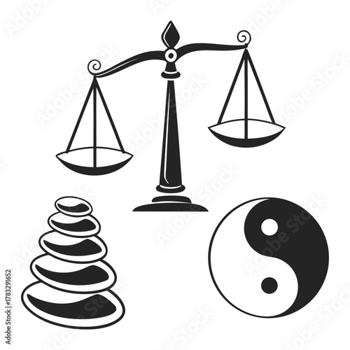 Balance and harmony symbols vector set: scales of justice, stacked zen stones, and yin yang icon