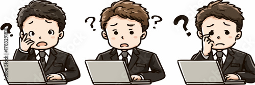 Trois hommes d'affaires perplexes devant leurs ordinateurs portables, exprimant la confusion et le doute.