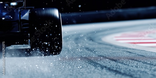 Close-up of F1 tires gripping the track during a high-speed turn, rubber particles flying, asphalt texture in sharp detail, dynamic macro realism.
