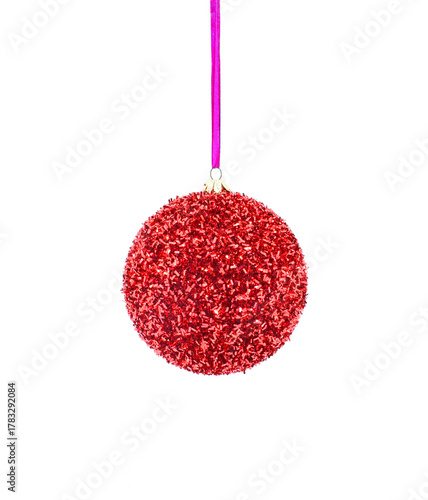 Red christmas ball hanging, isolated on white background. Christmas design element.