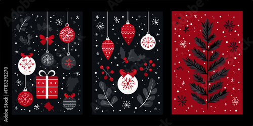 Joyeuses fêtes avec des décorations de Noël stylisées, des cadeaux et des flocons de neige sur fond sombre.