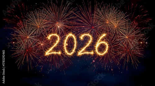 Bright golden neon numbers 2026 illuminated against a dark background filled with vibrant fireworks display celebrating new year s eve