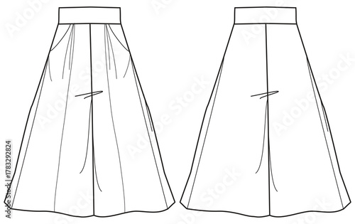 Women's cropped flare pants  trouser flat sketch fashion illustration cad drawing front and back view, Wide leg boot cut pant design