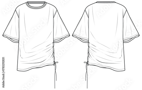 Women's side drawstring Crew neck T Shirt flat sketch fashion illustration drawing template mock up with front and back view. Over size Drop shoulder baggy t-shirt cad drawing,
