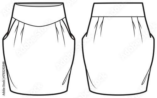 Women Tulip Skirt flat sketch illustration, womens mini skirt fashion technical drawing vector template mock up