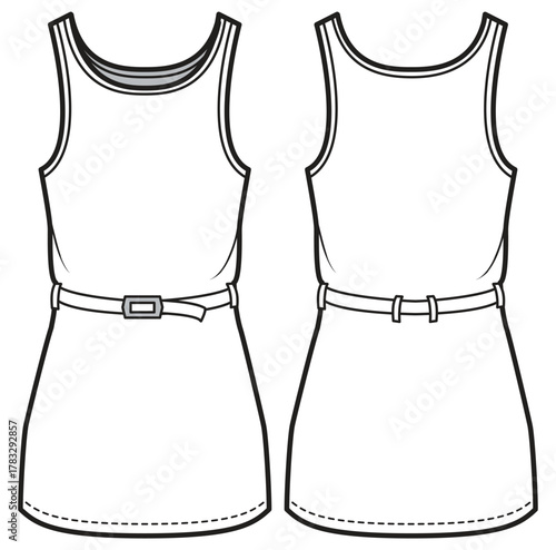 Sleeveless tank top sheath dress design flat sketch fashion illustration with front and back view, Sleeveless belted sheath dress cad drawing vector template