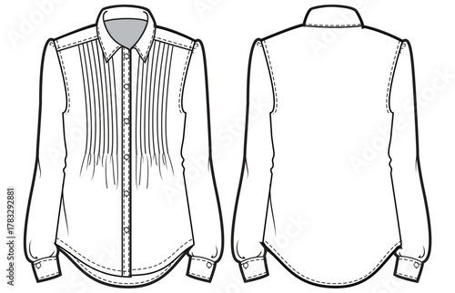 Women's Pin tucks Shirt Blouse flat sketch fashion illustration drawing front and back view, Long sleeve formal shirt cad for girls and ladies template mock up