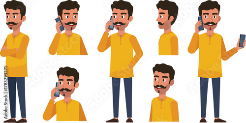 Cartoon man with phone, vector character, beard style, talking pose, smartphone usage, standing expression, casual outfit, communication concept, emotion