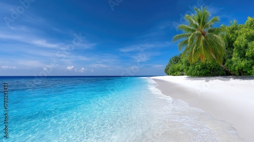 Fototapeta Naklejka Na Ścianę i Meble -  Pristine White Sand Beach with Turquoise Ocean Waters and Lush Green Tropical Foliage Under a Clear Blue Sky with Bright Sunlight