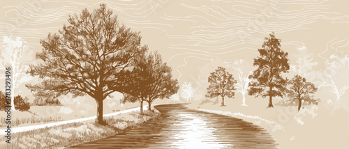 Cette illustration vectorielle monochrome dépeint un paysage naturel serein, avec une rivière sinueuse bordée d'arbres majestueux, créant une ambiance paisible.
