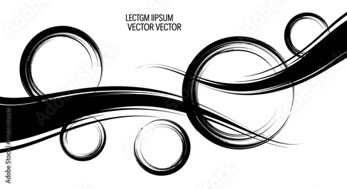 Abstract black brush strokes with circles and a flowing design on a white background, artistic composition.