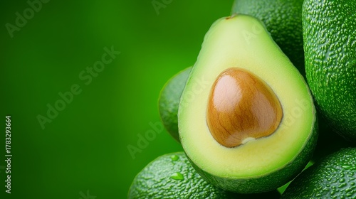 Fresh sliced avocado macro with pit on vibrant green background