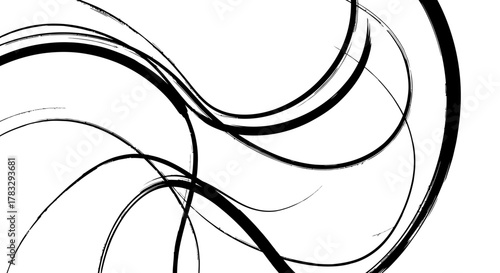 Abstract black brush strokes forming a dynamic swirl on a white background.