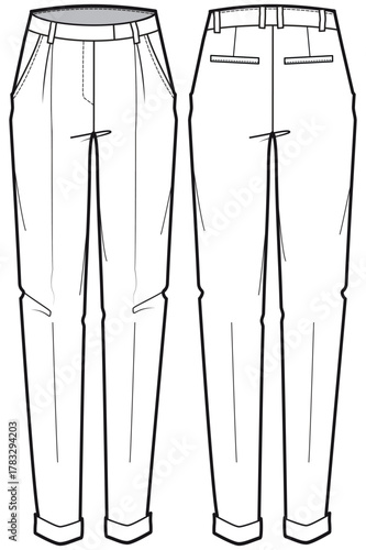 Women's mannish pants  trouser design flat sketch fashion illustration front and back view, Pleat front peg trouser pants cad drawing vector template