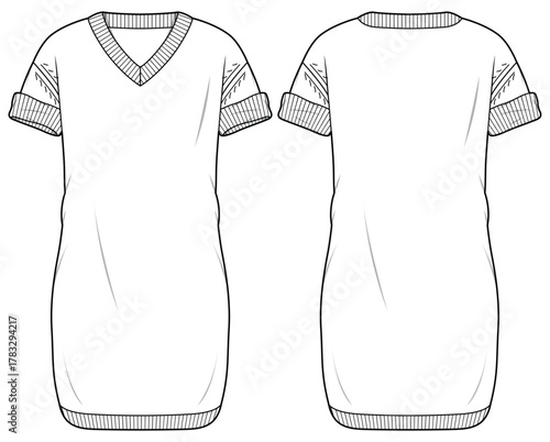 Women Long hem T Shirt design flat sketch fashion illustration with front and back view. Sweater Over sized Knitted t shirt top cad drawing vector template