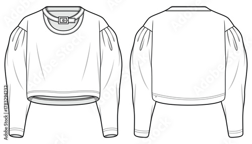 Women Long sleeve Crop top choker neck T-Shirt design flat sketch fashion illustration with front and back view. Puff sleeve crew neck Over sized Knitted top t shirt