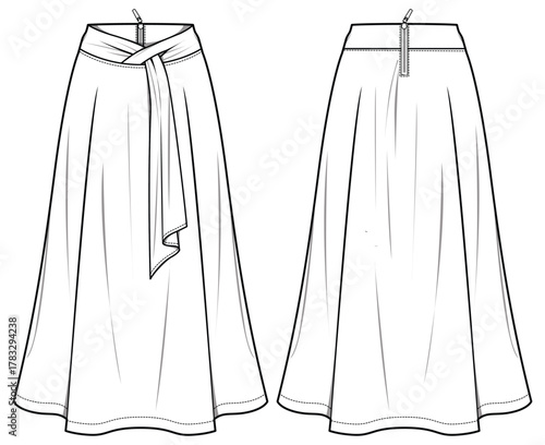 Women midi Skirt flat sketch illustration, Fabric belted waist  skirt with  font and back view technical drawing vector illustration