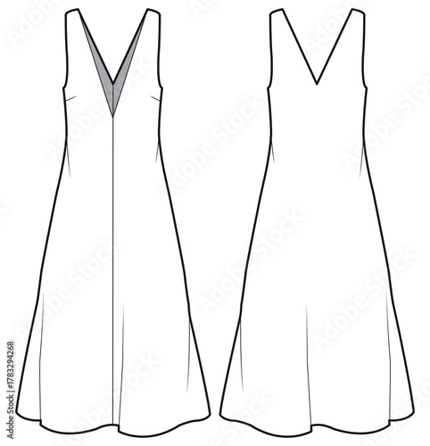 Women Deep v neck  A line dress design flat sketch fashion illustration with front and back view, Basic Sleeveless Lounge shift dress cad drawing vector template
