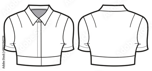 Women's Cropped Shirt Blouse top flat sketch fashion illustration drawing, Short sleeve shirt for girls and ladies template mock up