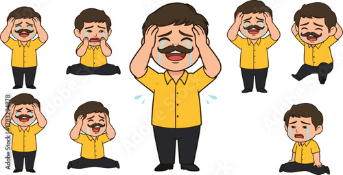 Sad cartoon man, emotional character, crying illustration, depression concept, frustrated male, mental health, vector pose, sorrow expression, grief, anxiety
