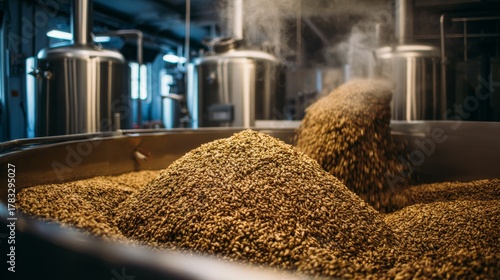 Golden Malt Grains Pouring into Brewing Vat with Steam in Industrial Production Facility