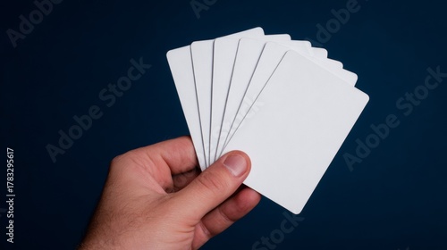 Hand holding fan of blank white rectangular cards against a dark blue background.