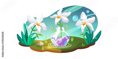 surreal glass orchid filled with white liquid, glowing in dreamlike landscape, symbolic surrealist art