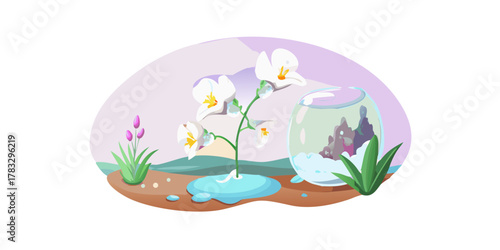 surreal glass orchid filled with white liquid, glowing in dreamlike landscape, symbolic surrealist art