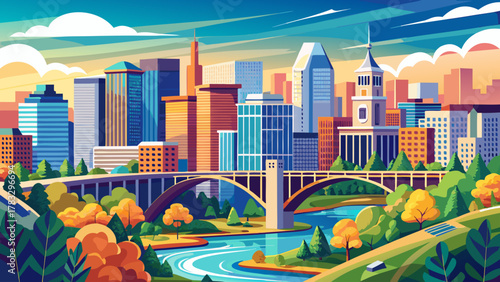 Very beautiful skyline of Richmond, Virginia, USA, featuring modern high-rise buildings, the James River, city bridges, and warm natural light creating a realistic vibrant urban landscape.