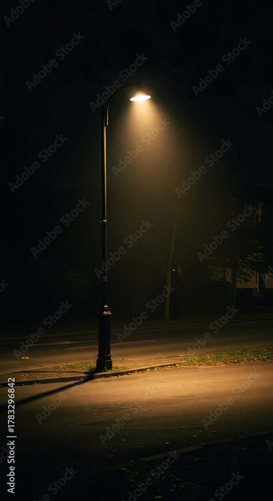 Obraz premium Illuminated street fixture casts a warm glow upon a dark pavement at night