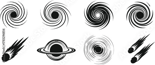 Collection of cosmic elements black hole, spiral galaxy, comet, and planet with rings in grunge style