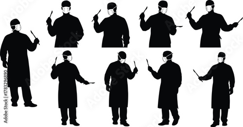 Silhouette of a surgeon holding a scalpel in various poses doctor in medical uniform ready for surgery