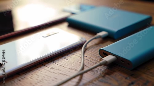 A close-up shot of multiple electronic devices is shown on a wooden surface. A white phone is next to a teal power bank, all of them connected with charging cables