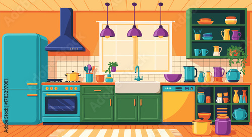Vibrant, Retro-Inspired Kitchen Interior Design with Modern Appliances and Colorful Decor