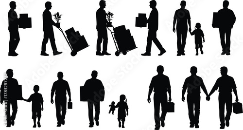 Silhouettes of people moving, carrying boxes, pushing carts, and walking with children diverse group of individuals in motion