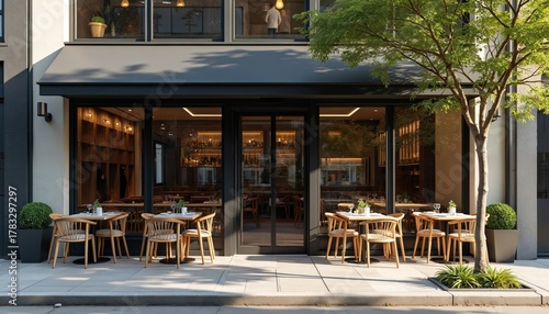 Exterior shot of a modern restaurant featuring outdoor seating. The photo showcases a stylish facade glass windows and cozy interior elements. Sunny day highlights a welcoming atmosphere