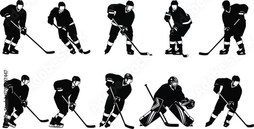 A dynamic set of hockey players in action, captured as striking black silhouettes, showcasing energy of sport