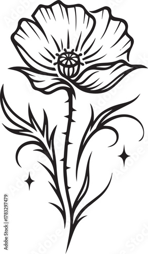 Gothic sigilism tattoo design of a poppy representing peace and remembrance.