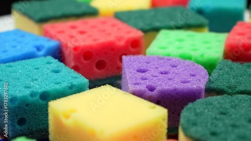 A close-up shot of several colorful, square-shaped cleaning implements. The porous material suggests cleaning purposes, in vibrant shades