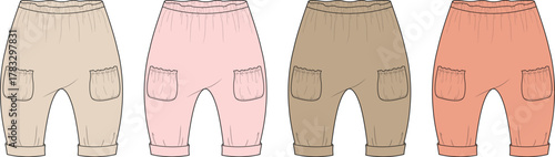 Four vector illustrations of baby pants with elastic waistbands, pockets, and cuffed hems, in neutral colors, for apparel design concepts