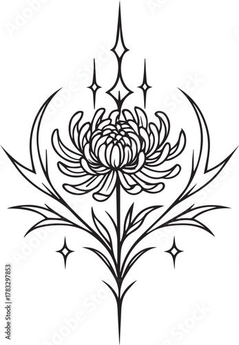 Gothic sigilism tattoo design of a chrysanthemum symbolizing endurance and loyalty.