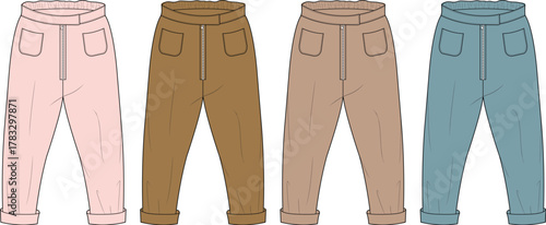 Collection of four cuffed pants in different colors pink, brown, tan, and light blue
