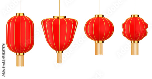 3d set red Chinese lantern with golden accents. Asian festival element. Stock vector illustration on red isolated background.
