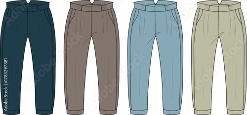 Collection of flat vector illustration of trousers in multiple colors, fashion design element