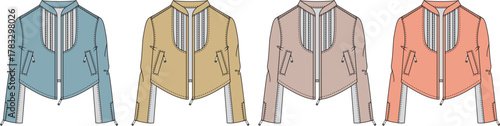 Technical flat sketch of a modern cropped jacket in four different pastel colorways. Vector illustration for fashion design and apparel collection