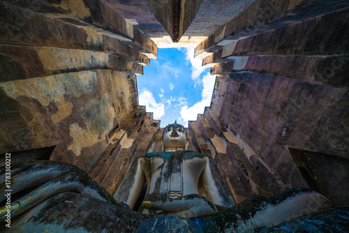 Wat Phra Sri Chum, the ancient Buddha image, is a landmark of Sukhothai Province, Thailand.