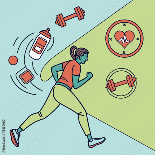 A woman running with dumbbells and water bottle for fitness and healthy life