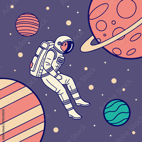 An astronaut floats in space surrounded by planets and stars in a cartoon style