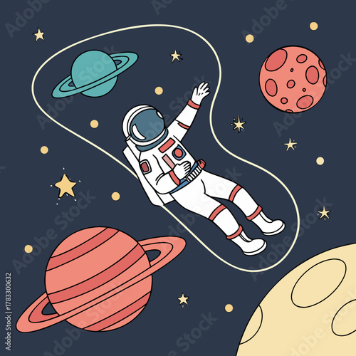 An astronaut floats in space surrounded by planets and twinkling stars