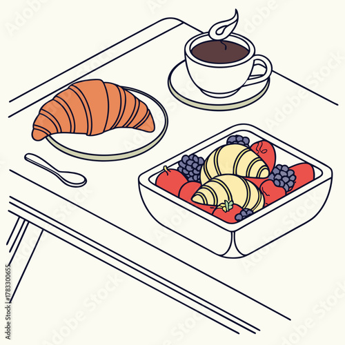 Breakfast tray with croissant, coffee, and berries
